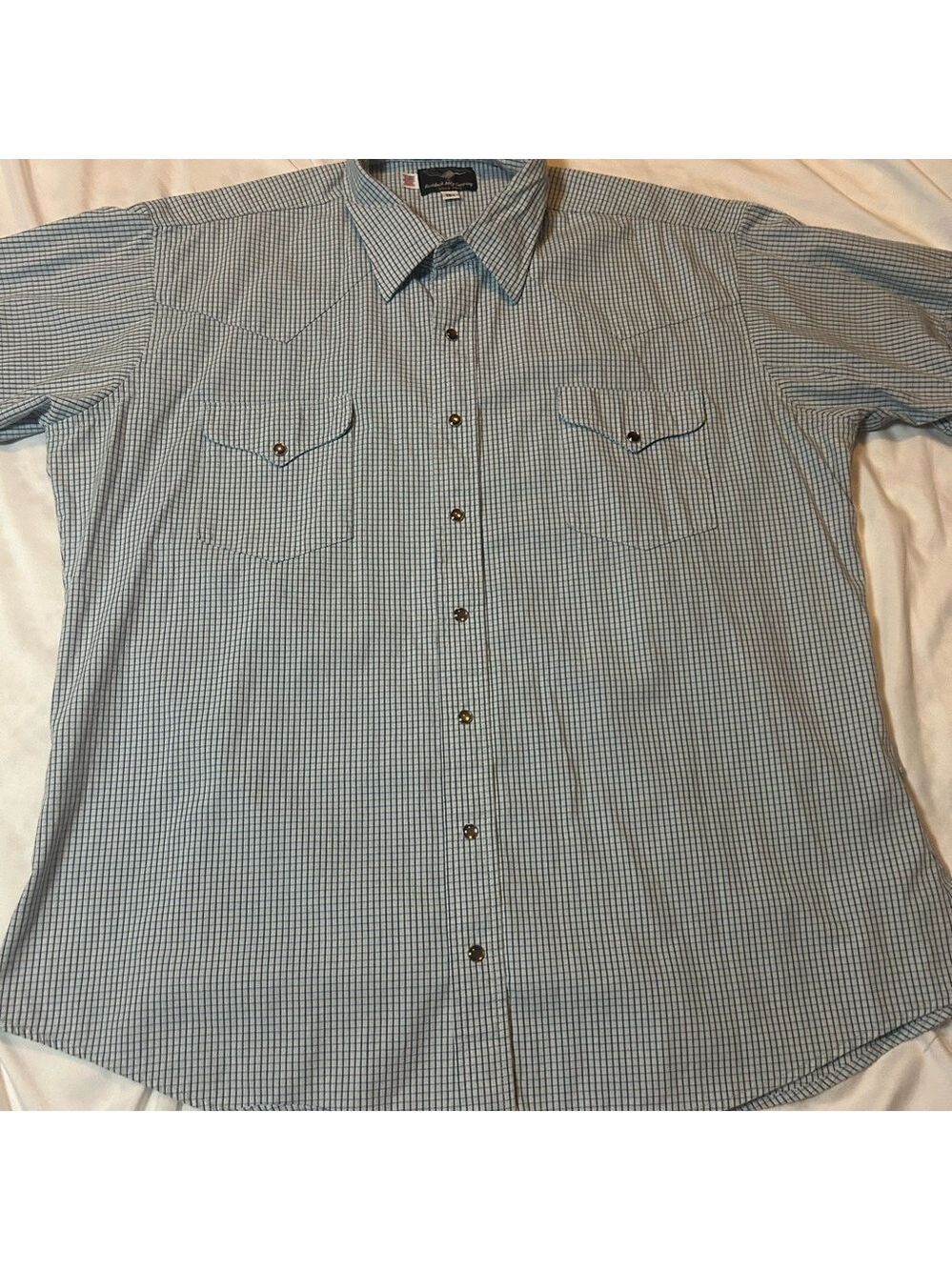 Flying R Ranchwear Shirt Men L Blue Plaid Pearl Snap Short Sleeve Cowboy Western